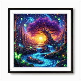 Stream With Bioluminescent Fish Butterflies Sun Spinning Wind Tree 2 Art Print