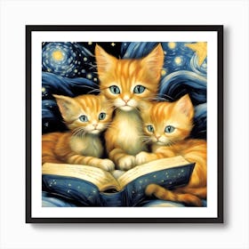 Three Kittens Reading A Book Affiche