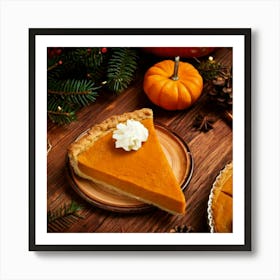 Firefly Pumpkin, Pie, Slice, Whipped, Cream, Close Up, Wooden, Table, Top View, Thanksgiving, Food, (2) Art Print