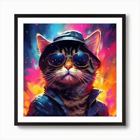 Tabby Tom Cat With Pronounced Black Hat And Dark Shades Embodying Coolness Art Print