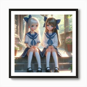 Two Girls In School Uniforms Art Print