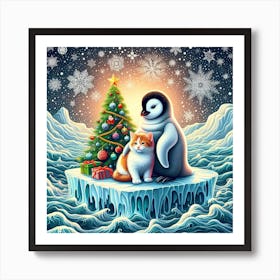 Baby penguin with a baby cat (Christmas) Art Print