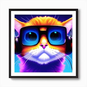 Cat With Headphones Art Print