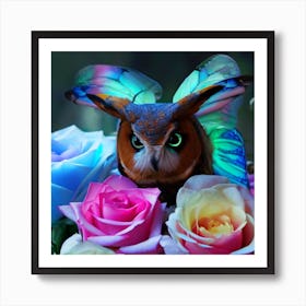 owl with Glasswinged butterfly colors, Chameleon roses  1 Art Print