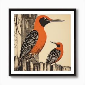 Retro Bird Lithograph Woodpecker 4 Art Print