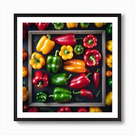 Colorful Peppers In A Wooden Frame 4 Art Print