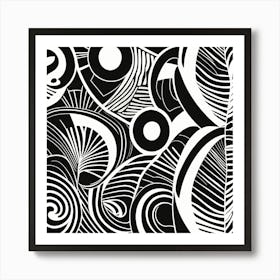 Retro Inspired Linocut Abstract Shapes Black And White Colors art, 216 Art Print