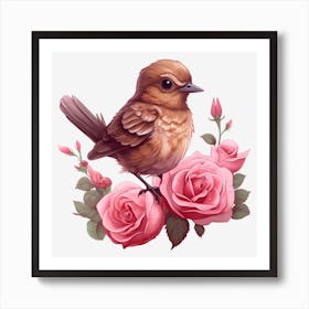 Bird On Roses 1 Art Print