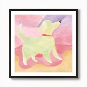 Watercolor: white dog, red collar, beach, pink, purple Art Print