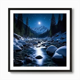 Moonlit Night Blankets A Snow Covered Mountain Forest Deep Valleys Cradling Large Boulders Small R Art Print