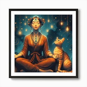 Meditating Woman With Cat 6 Art Print