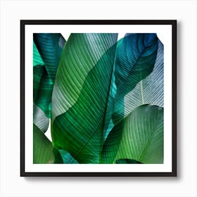 Bali Palm Leaves Blue And Green Square Art Print