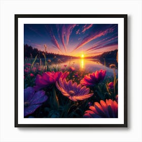 Sunset With Flowers Art Print