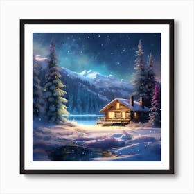 Lakeside Cabin in the Mountains Art Print