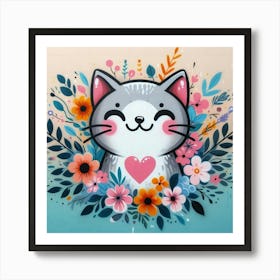 Cat With Flowers Art Print