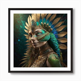 Firefly A Modern Illustration Of A Fierce Native American Warrior Peacock Iguana Hybrid Femme Fatale (9) Art Print