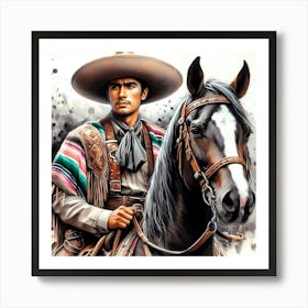 Mexican Cowboy In Poncho On A Horse Color Drawing 1 Art Print