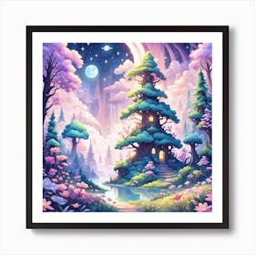 A Fantasy Forest With Twinkling Stars In Pastel Tone Square Composition 441 Art Print