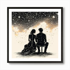 Starry Night, A Single Elegant Line Drawing Of A Men And Woman Art Of Sitting To Gather Alone Back Side Pose , Starry Night Art Print