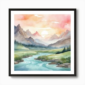 Watercolor Mountain Landscape Art Print