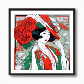 Japanese Woman With Roses Art Print