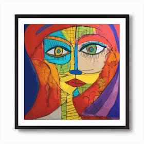 Chaotic scribbles of a colorful crayon drawing of an ugly woman, done by a 3-year-old on white construction paper. 1 Art Print