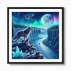 Wolf Family by Crystal Waterfall Under Full Moon and Aurora Borealis and Eagles Art Print