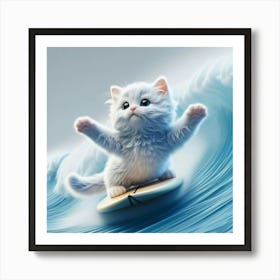 White Cat On A Surfboard 1 Art Print