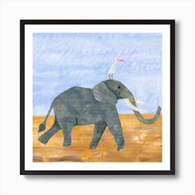 Elephant And White Heron Square Art Print