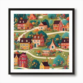 Seamless Pattern With Houses And Trees Art Print