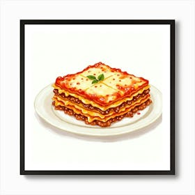 A Bright Watercolor Scene Of A Savory And Hearty Lasagna With Layers Of Cheese And Meat Sauce Art Print