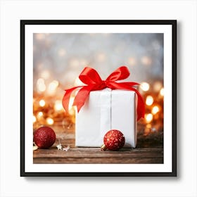 Christmas Decoration Featuring A White Gift Wrapped In Festive Red And White Ribbon Foreground Focu (1) Art Print