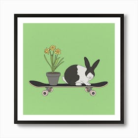 Bunny On Skateboard, daffodils, Easter, rabbit, illustration, wall art Art Print