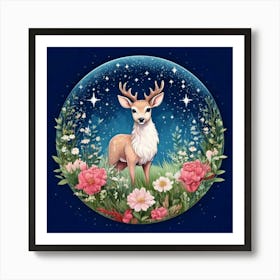 Firefly Charming, Cute, Reindeer, Baby, Winter, Meadow, Starry, Night, Round, Background, Peonies, S Art Print