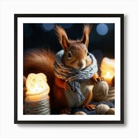 Squirrel Wrapped In A Cabled Knit Scarf With Fringed Ends Nestled In A Knitted Basket Hazelnuts Sca Art Print