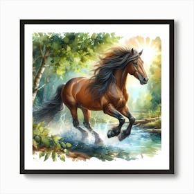 Horse Running In The Forest Art Print