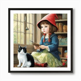 Cute Kawaii Gnome Girl Sitting And Painting Her Cats Back With Magic Brushstunning Masterpiece B Art Print