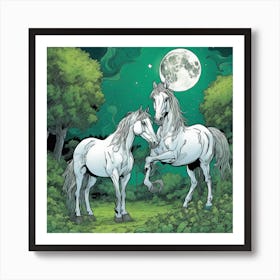 Two Horses In The Moonlight Art Print