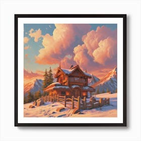 Mountain village snow wooden huts 12 Art Print