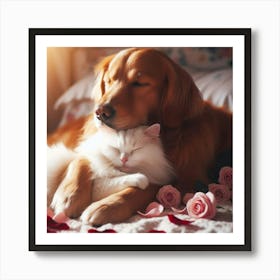 Golden Retriever And Cat Art Print