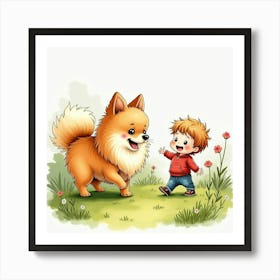 Playful Pomeranian And Child Having Fun In A Garden, Watercolor 1 Art Print