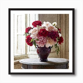 Vase Cradling A Blend Of Blooming Roses And Peonies Petals Unfurling With Elegance Soft Sunlight F Art Print