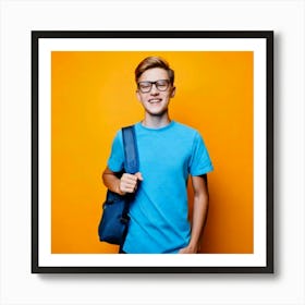 Firefly 18 Year Old, Boy, Transparent Glasses, T Shirt, Light Blue, Bag, Carrying, Yellow, Backgroun (1) Art Print