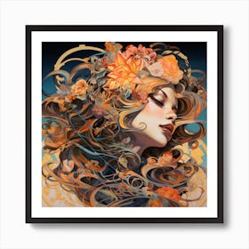 Woman With Flowers In Her Hair Art Print