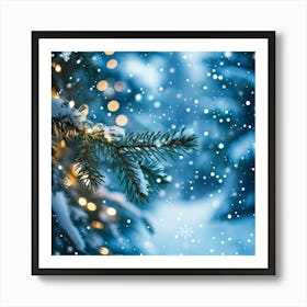 A Christmas Tree Branch Gleaming With Delicate Snowflakes In The Foreground A Merry Banner With Glo (2) 1 Art Print