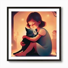 Little Girl Hugging Cat Art Print