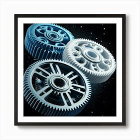 A render of three interlocking frosted glass and metal gears with a black background. The gears are illuminated from the inside and the teeth are beveled. Art Print
