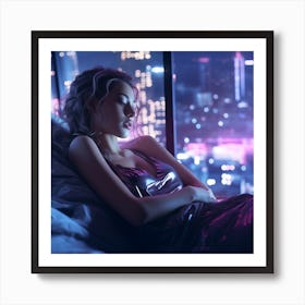 Young Woman Sleeping In Bed At Night Cyberpunk style Art Print