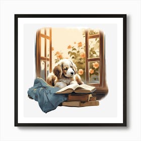 Puppy Reading A Book Art Print