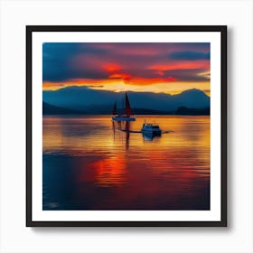 Sunset Sailboats Art Print